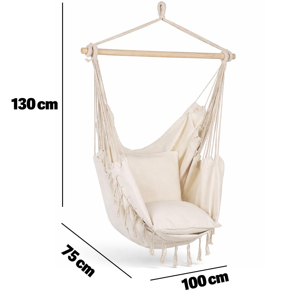 BAKAJI Amaca Poltrona Sospesa Bianca con Cuscino e Seduta Ergonomica per Interno ed Esterno, Sedia a Dondolo con Gancio Capacità 150kg, Ideale per Soggiorno, Giardino, Patio, Tessuto Traspirante
