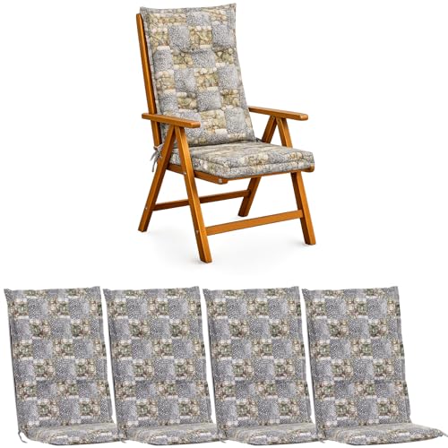 BURI 4X Auflagen Set Hochlehner für Gartenstühle 120x48x7cm Sesselauflagen Polster UV Lichtecht - Gartenstuhlauflagen Kariert Muster Stuhlkissen mit Dicker Schaumstoff Füllung (graues Mosaik)