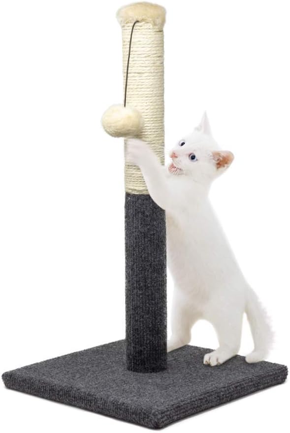 AllPetSolutions Cat Scratching Post - Indoor Cat Scratch Post Tower With Hanging Ball Toy, Carpet Board Base, Natural Sisal Rope - Perfect For Small Homes - Scratching Post, Grey & White 35x35x51cm