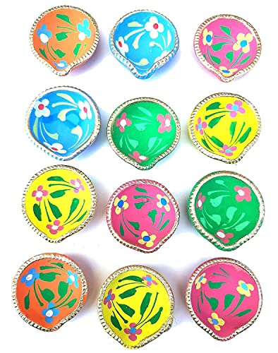 Image of Colourful Handmade Diyas for Diwali 101 pcs. Hand Painted Decorative Clay Mitti Diya Deepak Lanterns for Diwali Decoration (Pack of 101)