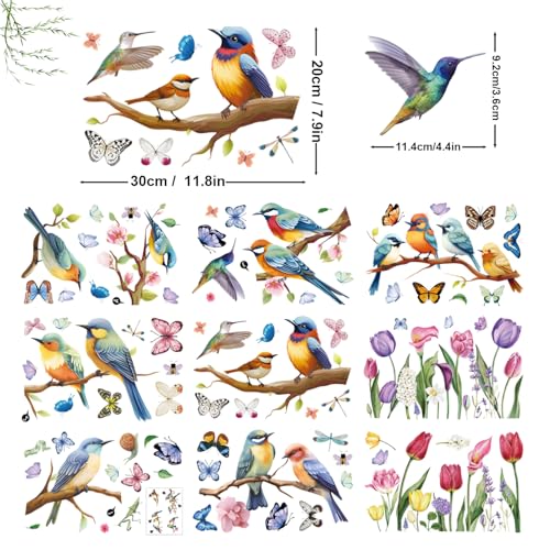 Fensterbilder Frühling, Vögel Blumen Schmetterlinge Frühling Fensterdeko, Fenstersticker Kinder Fenster Deko Selbstklebend Fensterfolie Wiederverwendbar