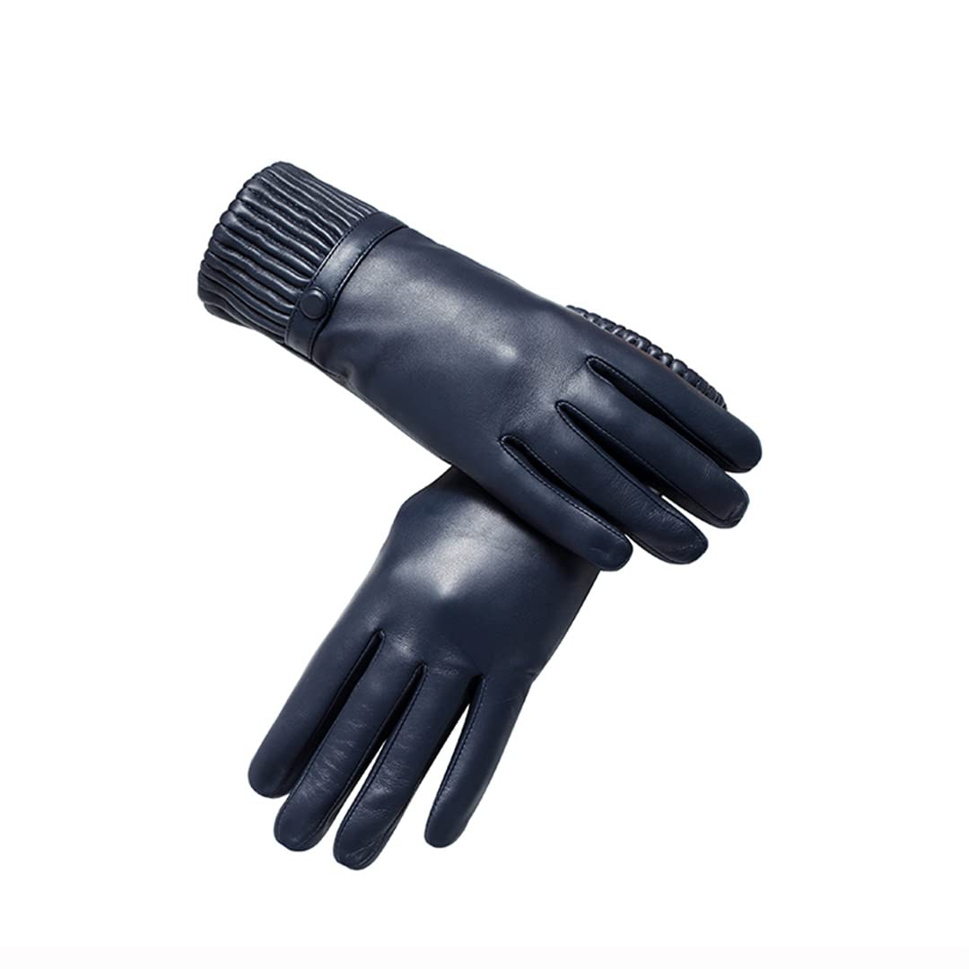 Guanti invernali da donna in pelle nera antivento Guanti da moto impermeabili da esterno con fodera in lana Black 34