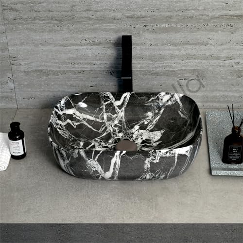Image of Designer Ceramic Wash Basin For Bathroom | Over Counter Bathroom Basin | Counter Top Bathroom Sink | Wash Basin For Restaurant, Hotel (18 x13 x 5 Inch) (Charcoal Black Marble)