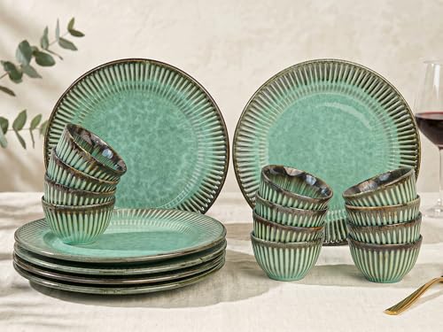 Image of Bodhi House Premium 18-Piece Stoneware Dinner Set Serving for 6 - Handcrafted Ceramic Plates, Bowls & Serving Bowls | Microwave & Dishwasher Safe | Elegant Modern Tableware Crockery Turquoise Green