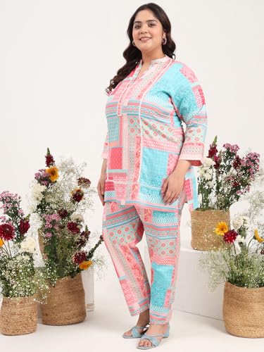 Image of Tissu Women's Plus Size Pure Cotton Red Asymmetrical Top with Trouser Co-ord Set