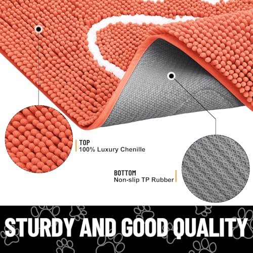 Image of Smiry Dog Door Mat for Muddy Paws, Absorbent Dirt Trapper Non Slip Quick Dry Washable Chenille Mat for Mud Dogs, Entry Rug for Indoor and Outdoor (30x20 Inches, Coral and White)