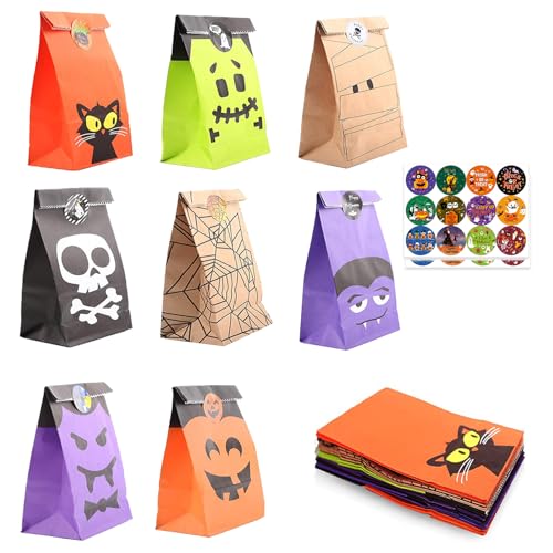 MIZIJIA Halloween Candy Tüten Papiertüten 24 Stück Partytüten Papiertüten Geschenktüten Set Mit Stickern für Kinder Geburtstag Hochzeit Partym 18 * 9 * 5.5CM