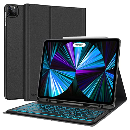 SENGBIRCH Clavier iPad Pro 12.9 2022, Clavier Rétroéclairé avec Support Pencil Charging, Clavier iPad Pro 2022/2021/2020(6e 5e 4e Génération), Détachable sans Fil Clavier AZERTY Français, Noir Cover