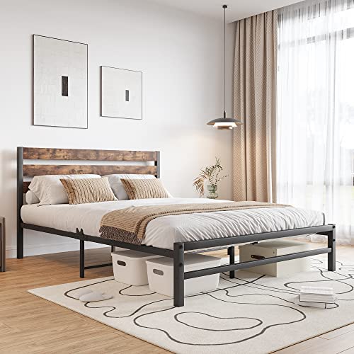 Anwick Modern Platform Queen Size Bed Frame With Rustic Vintage Wood Headboard, Strong Metal Slats Support Mattress Foundation, No Box Spring Needed Rustic Brown (Queen) #TOP2