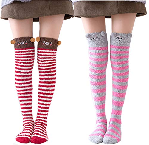 Image of Hotmiss Womens Thigh High Fuzzy Socks Cute Over the Knee Stockings Winter Warm Stripe Leg Warmers