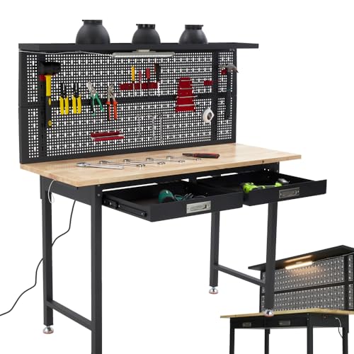 Heavy Duty Wooden Workbench with Drawers and Power Strip