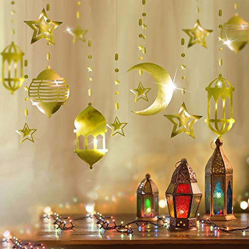 16Pcs Islamic Gold Star Crescent Moon Lantern Ramadan Garland Eid Decoration Home Happy Ramadan Mubarak Party Decor Hanging Streamer Wedding Backdrop Banner Aladdin Birthday Party Supplies #TOP2