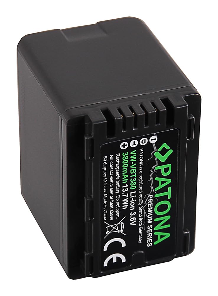 PATONA 2 batterie premium VW-VBT380 3800 mAh compatibili con Panasonic HC V110 V120 V180 V250 V380 V550 V750EB V770EB VX870 HC-VXf11 VXF999 WX979 HDC HS60 SD80. TM60 SDR H85 T50 VBT380 VBT380E