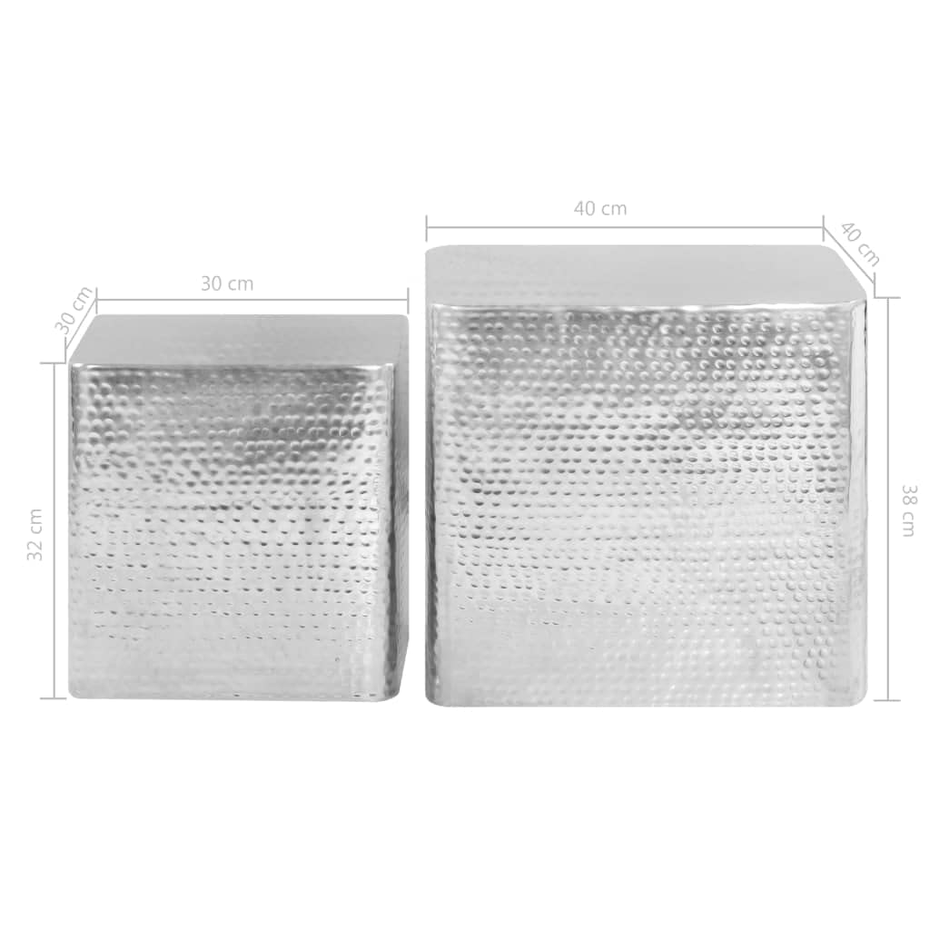 Stoliki kawowe do salonu, 2 sztuki, srebrne, aluminiowe | Zestaw 2 rozmiarów, 40 x 40 x 38 cm i 30 x 30 x 32 cm, wykończenie młotkiem, już zmontowany