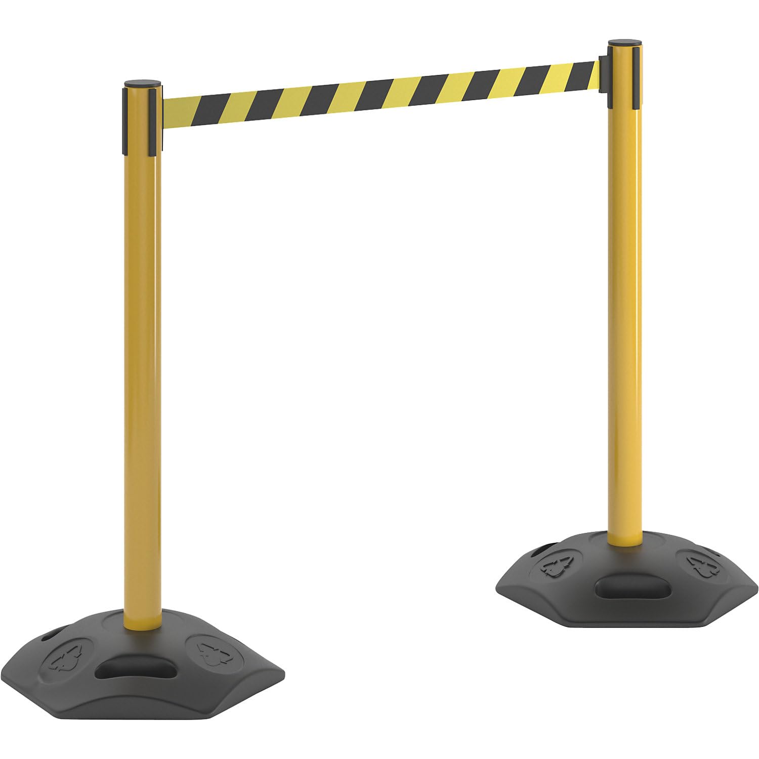 Certeo | Lot de 2 potelets de délimitation à Sangle | Avec pied en caoutchouc dur, tiroir 3700 mm, potelet jaune, sangle jaune / noir