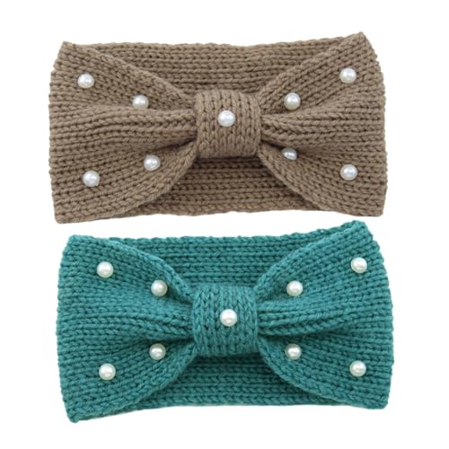AOKWAWALIY Vintage Pearl Crochet Turban Bowknot Hair Band Knitted Headband for Women Warm Ear Warmer Headscarf