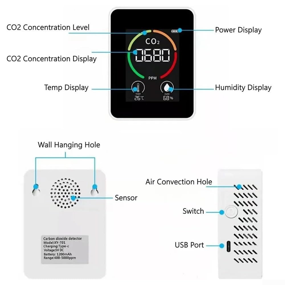 Moniteur de qualité de l'air et de l'humidité 3 en 1 400-5000 ppm Détecteur de dioxyde de carbone avec écran LCD pour maison, tente de culture, cave à vin, voiture