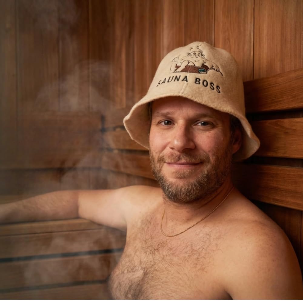 Saunahut 'Sauna Boss Bucket' White - 100% organische Wollfilzmützen - Schützen Sie Ihren Kopf vor Hitze - Englische Sauna E-Book Handbuch inklusiv - mit Stickerei