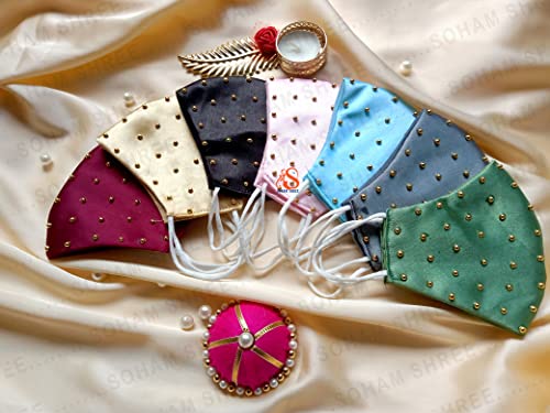 Image of ᵀᴹ : WEDDING SPECIAL Cloth Face Mask - Washable Light Weight Satin - Cotton Masks MULTI COMBO (PACK OF 7- MAROON-GOLDEN-BLACK-PINK-SKYBLUE-GRAY-GREEN)