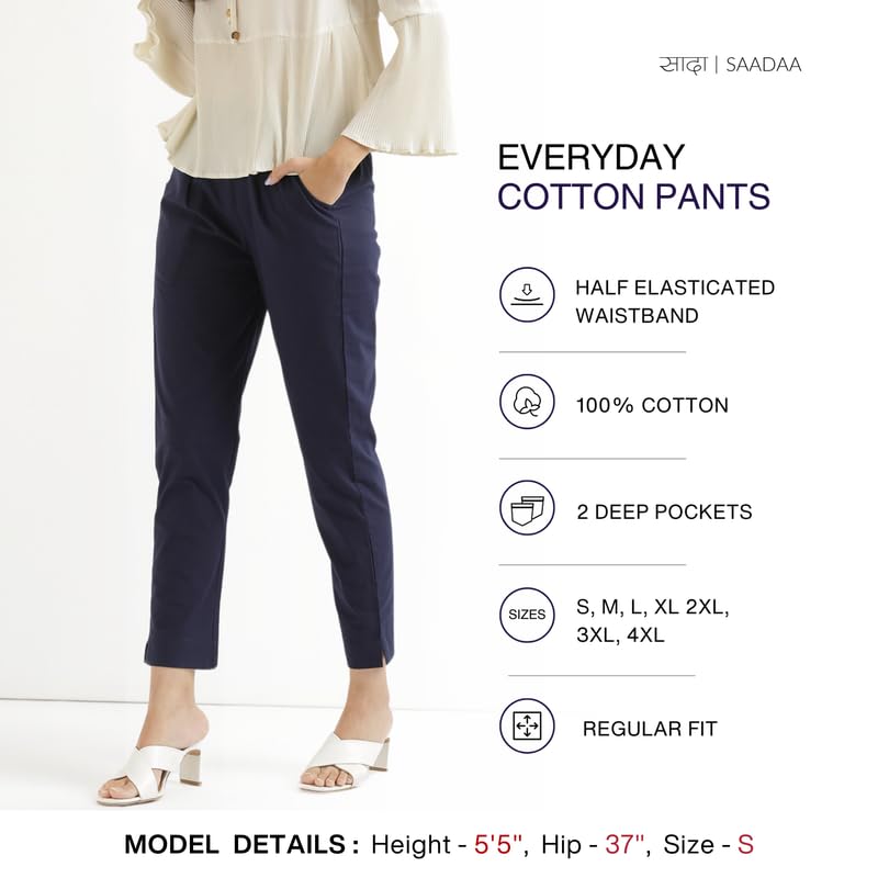 Image of SAADAA Women Cotton Pant Regular Slim Fit Mid Rise Trouser, Pocket Pants for Office School Formal Casual Daily Use