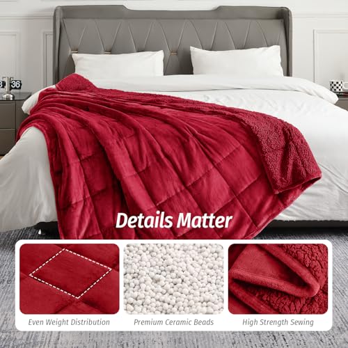 Wemore Sherpa Fleece Weighted Blanket for Adult, 15 lbs Dual Sided Cozy Fluffy Heavy Blanket, Ultra Fuzzy Throw Blanket with Soft Plush Flannel Top, 60 x 80 inches for Queen Burgundy on Both Sides