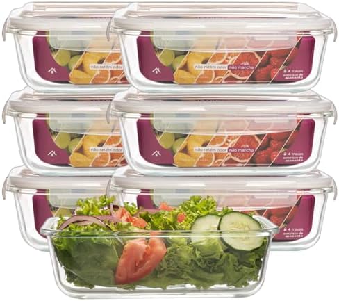 KIT 6 Potes de Vidro Retangular com Tampa Hermética 1040ml - Alto...
