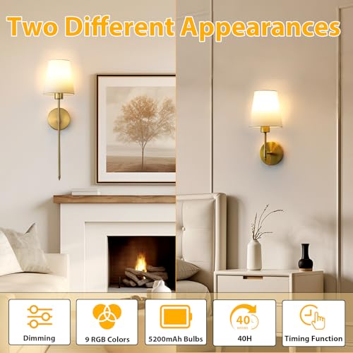 Image of LOUSACE Battery Operated Wall Sconces Set of 2, Rechargeable Wireless Wall-Mounted Sconce with Remote Control & 5200mAh Dimmable Bulbs, Gold Wall Sconces Decor Set for Bedroom Living Room Entryway