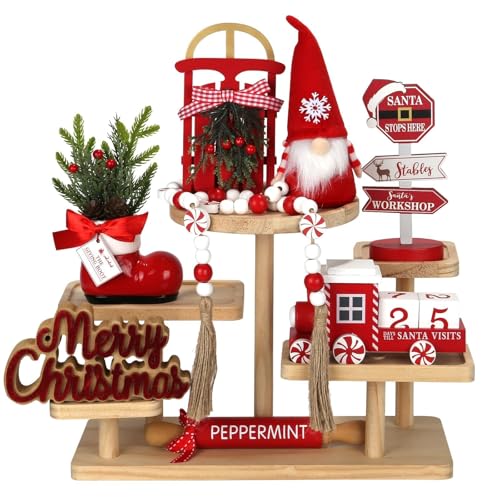 Christmas Decorations 8 PCS Tiered Tray Decor Set, Cute Tabletop Christmas Decor for Home Shelf Mantel Fireplace Office Desk Coffee Bar Xmas Table Centerpieces Tray Objects Holiday Decoration Set