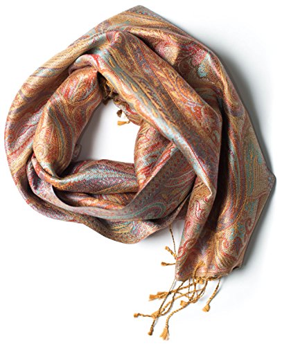 Pashmina bufanda de 100% seda de la India para hombres y mujeres, patrón cachemir/paisley, 160 x 35 cm - pañuelo de seda pura, marrón