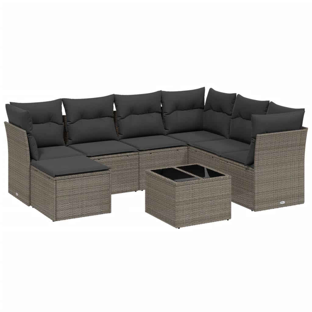 Juego de sofás de jardín con cojines de ratán de polirratán gris claro, diseño modular con fundas extraíbles y tablero de cristal para terraza, ratán de polietileno duradero y marco de acero,