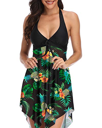Temptme Women Swimsuit Two Piece Tankini Swimdress Halter Tank Top with Boyshort (Green Floral, Large(US 12-14))