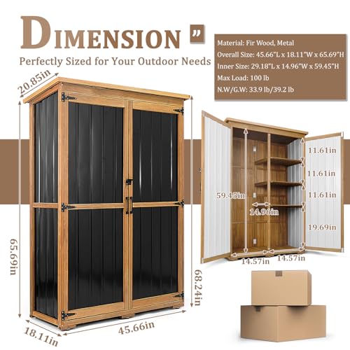 Image of 46 inch L Large Outdoor Storage Cabinet with Shelves, Wood & Metal Storage Shed Weather-Resistant, Outside Storage Cabinet for Garage Patio Backyard Garden with Waterproof Roof
