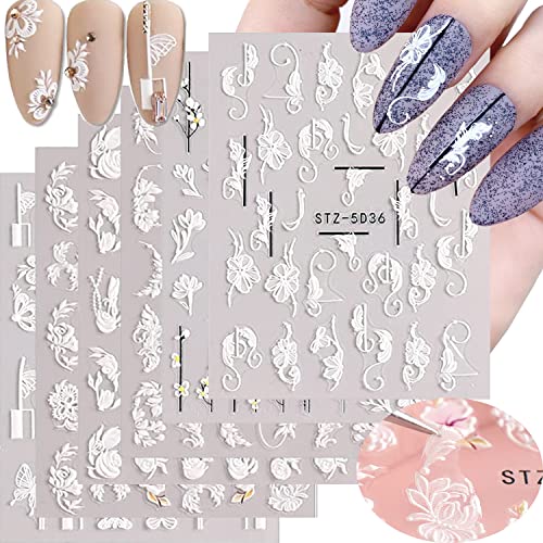 Flowers Nail Stickers Embossing Butterfly Nail Art Decals 5D Self Adhesive Design Nail Art Supplies Exquisite Luxury Flower Leaf Lace Pattern Nail Art Sticker For Women Diy Nail Decorations (6 Sheets) #TOP4