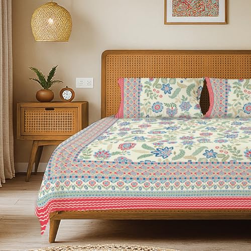 Image of Urban Space 100% Cotton Handcrafted Premium Printed Double Size Bedsheet with 2 Pillow Covers, 240 TC Cotton Double Bedsheet (90 x 100 Inches, Noorjaal)