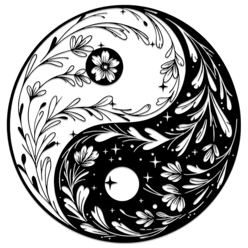 Floral Yin Yang Metal Wall Art WallArt Decor Metal Outdoor Decor Metal Signs Minimalist Aesthetic Boho Artwork Elegant Home Decoration for Living Room Bedroom Office Zen Space Aesthetic Decor (Black,16Inch)