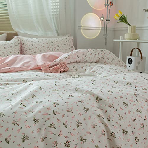 Image of VM VOUGEMARKET Pink White Duvet Cover Queen 100% Cotton Girls Flower Bedding Set Aesthetic Princess Style Reversible Duvet Cover Set with Zipper &Ties(3 pcs,Queen)