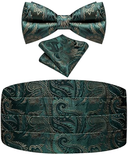 Image of Paisley Floral Tuxedo Cummerbund Bow Tie Pocket Square Set for Men
