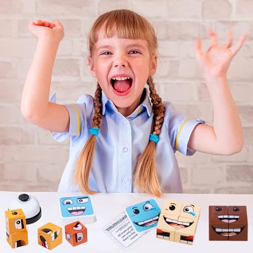 Image of Face Changing Magic Cube Game, Wooden Expression Puzzle Block Games, Fine Motor Skills Board Games for Kids & Adults with Bell