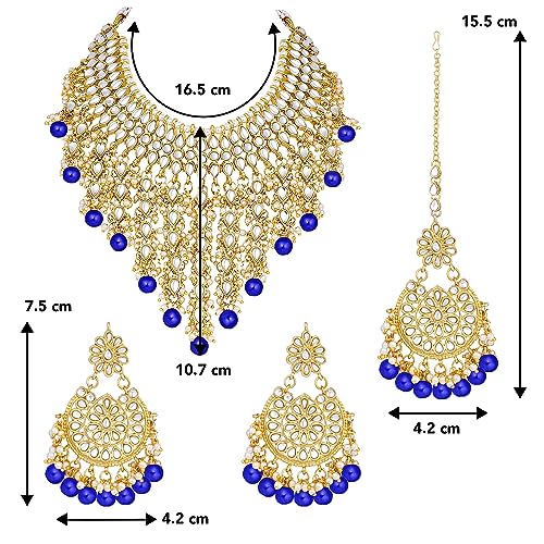 Image of Peora Kundan & Beads Studded Necklace Earrings & Maangtikka Set Ethnic Jewellery for Women & Girls