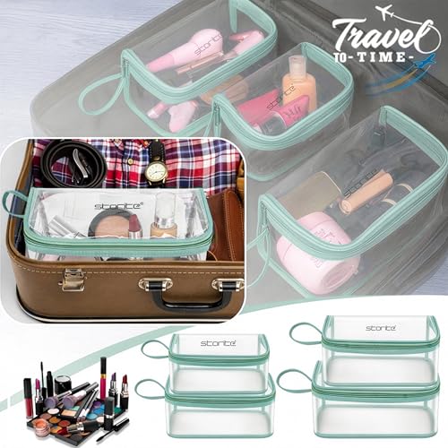 Image of Storite Set of 4 PVC Travel Pouch Set Multipurpose Waterproof Cosmetic & Toiletry Bags with Zipper for Makeup, Stationery & Accessories - Transparent (Green)