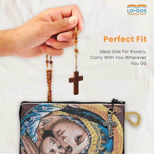 Image of TREE OF LIFE REV. 22:14 Catholic Rosary Pouch, 4 inch x 6 inch Jewelry & Coin Purse with Cross, Small Woven Tapestry Icon Bag, Bolsa de Rosario Catolico para Joyeria, Madonna and Child & Glory Be to the