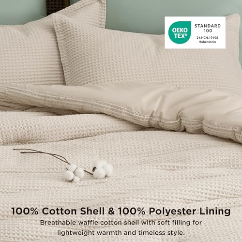 Image of Bedsure Waffle Comforter Set Queen, Beige Soft Bedding, Waffle Weave Bed Set, 3 Pieces, 1 Comforter (90 inchx90 inch) and 2 Pillow Shams, Cotton Shell and Polyester Lining for All Seasons