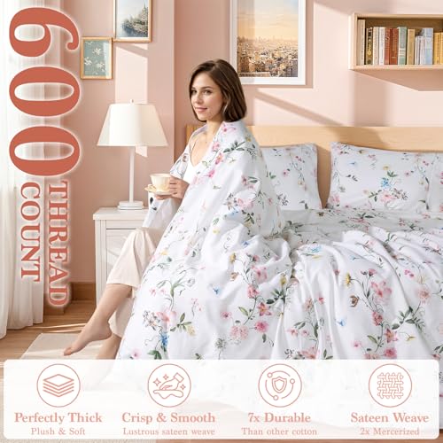 Shilucheng 100% Cotton Floral Duvet Cover Queen Size - 600 Thread Count, Breathable & Cooling Comforter Cover with Zipper Closure,Hotel Bedding Duvet Covers 3 Piece (Jacaranda & Pink)