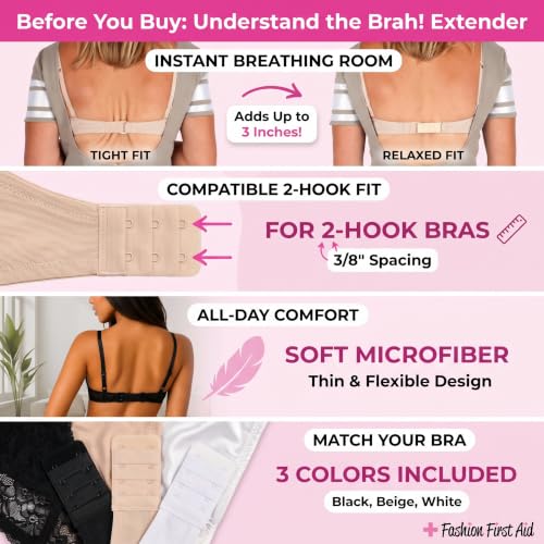 Image of Brah! Extender: 2 & 3 Hook Bra Extenders Strap, White /Beige /Black for Women | Hook-and-eye bra band expander & extension - all-day comfort soft microfiber fits 2 or 3 prong