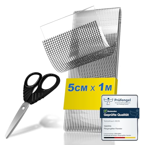 teeppo Fliegengitter Reparatur Klebeband Set 1m - Insektenschutz Fliegengitter Reparatur Set - Stark Selbstklebend Glasfaser - Verhindern Moskitos Insekten - Inklusive Schere - Grau (1m x 5 cm)