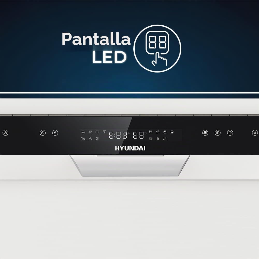Hyundai Lavavajillas 60cm Blanco HDW6015CDW00. 15 Cubiertos, 3 Bandejas, 7 Programas, Display LED táctil, Función Stop&Go, Eficiencia Energética Clase C