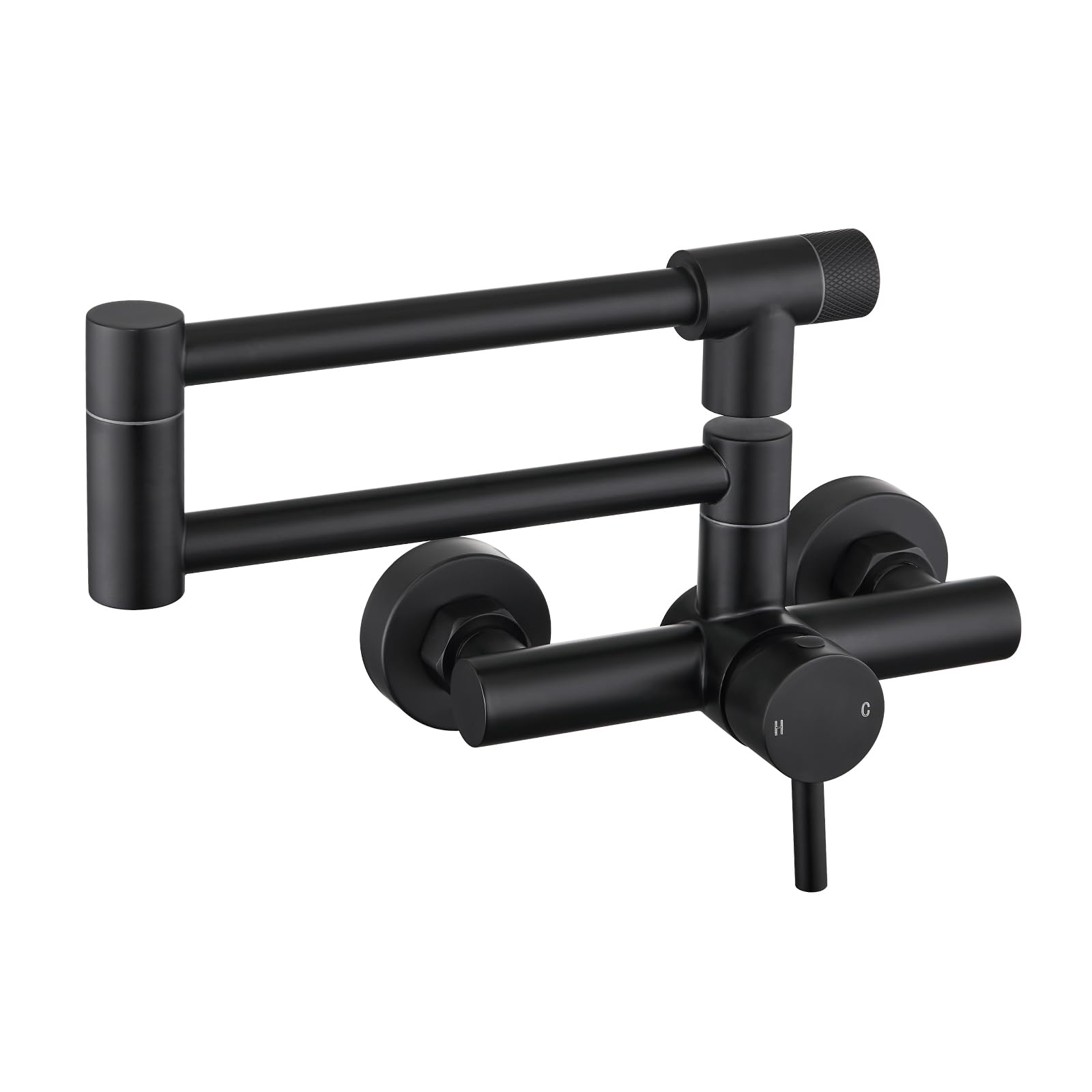 CREA Robinet Mural Robinet de Cuisine, Mitigeur Evier 2 Jets d'eau,Pivotant à 360° pour Évier de Cuisine Double Poignée, Eau Chaude et Froide,Aérateur Démontable,Noir Mat