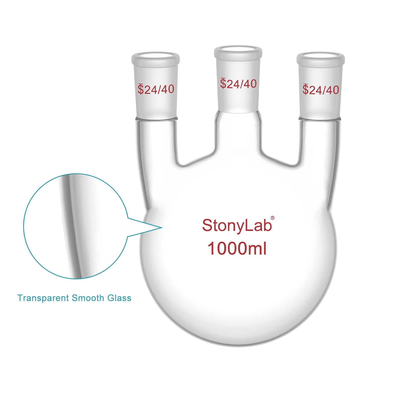 stonylab Pallone a Fondo Tondo 1000 ml con 3 Collo Dritto-24/40, Vetro Borosilicato, Ideale per Chimica, Laboratorio, Esperimenti, Distillazione e Reflusso