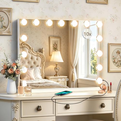 Ratsamee Hollywood Vanity Mirror with Lights, 23' x 18', 15 Dimmable Bulbs, 3 Color Lights, Make Up Lighted Mirror, USB Charging Port, Gifts for Women Wife Teengirls White