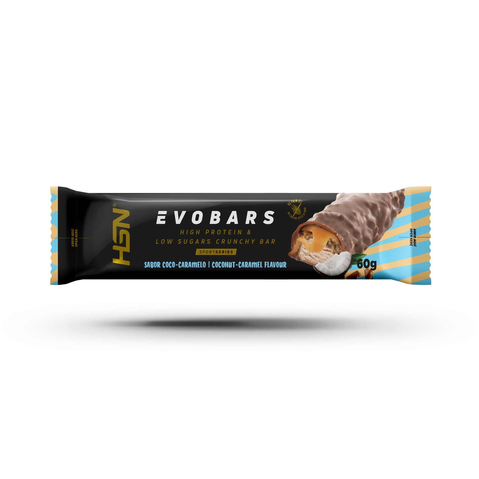 HSN Evobars Barritas de Proteínas 19g Proteína | Coco Caramelo - Pack 12x60g | Bajas en Azúcar y Sin Aceite de Palma | Snack Fitness Crujiente Alternativa a Batidos de Proteína
